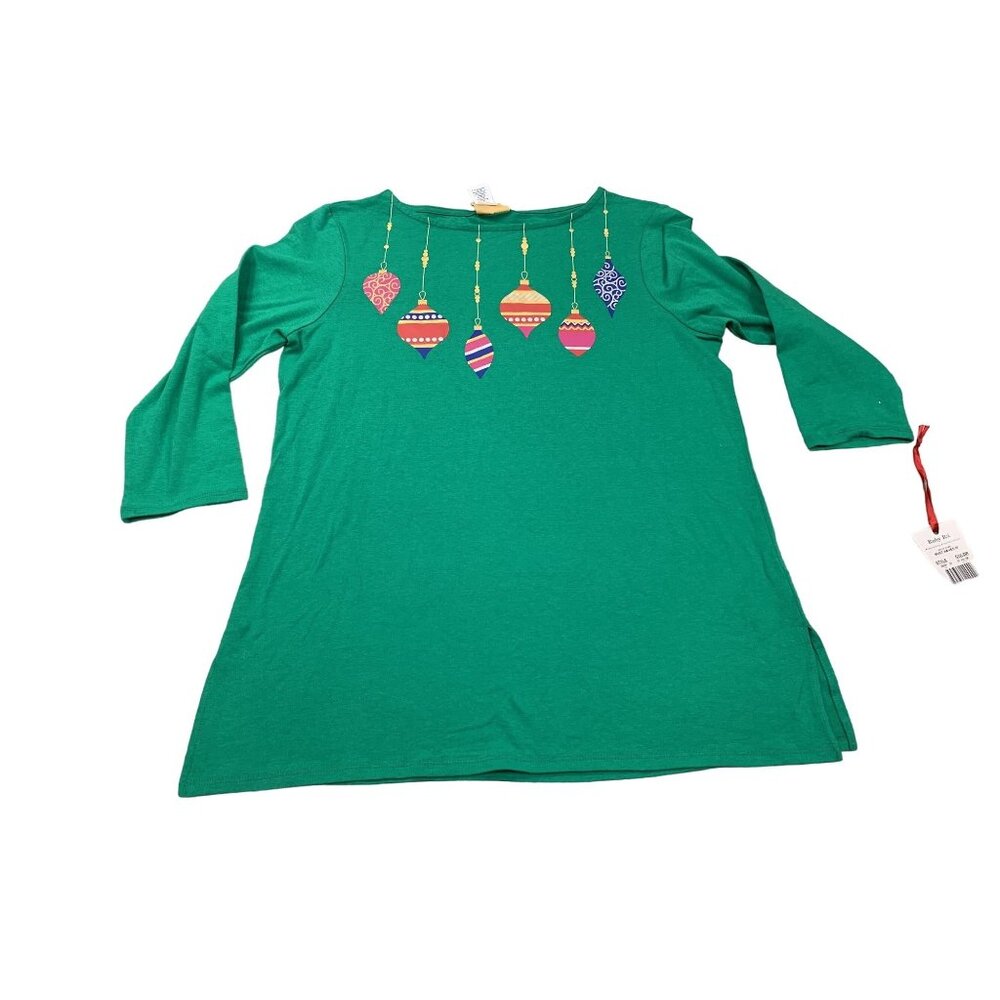 Ruby Rd. Womens Small Green Top With Christmas Ornaments Graphic 3/4 Sleeves NWT